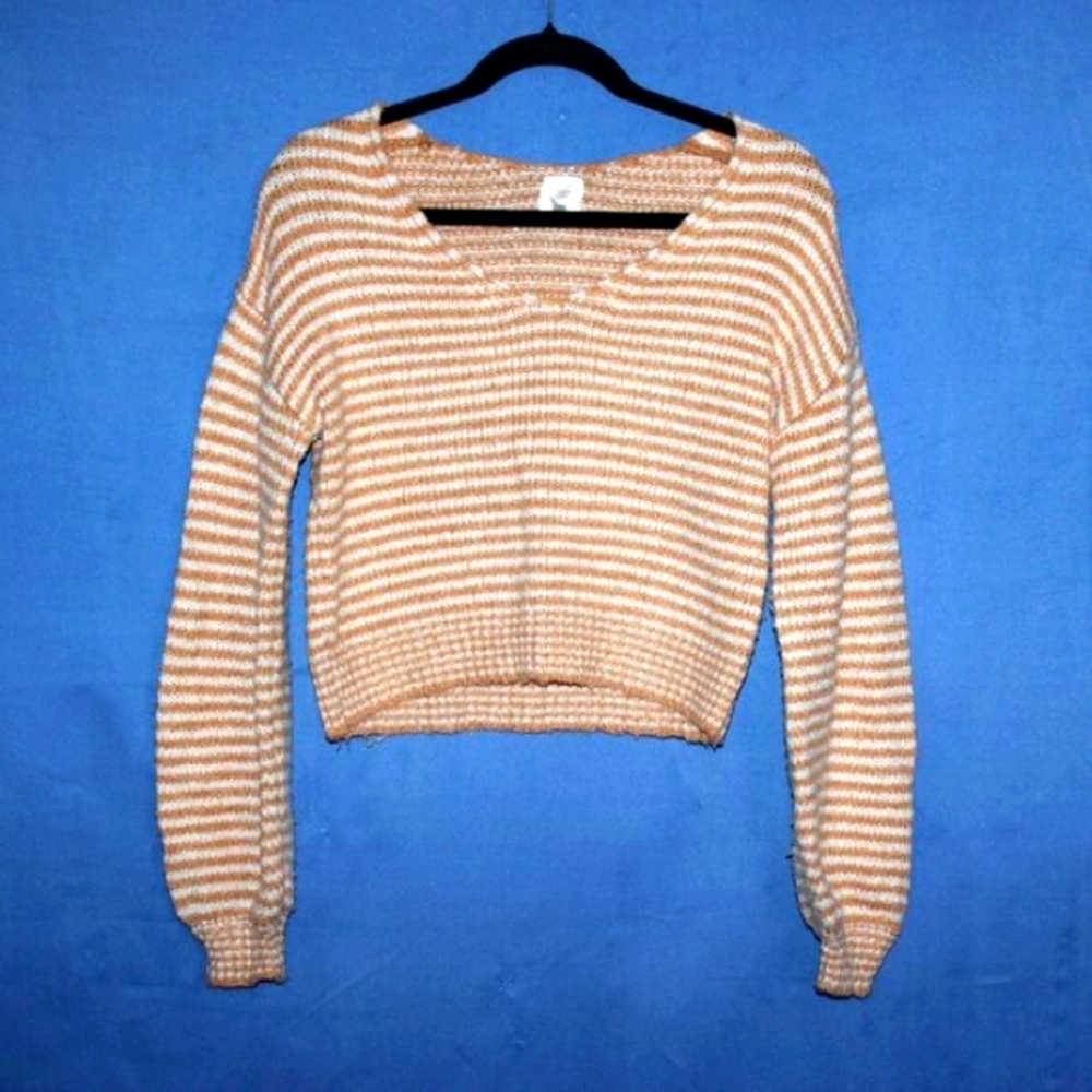 Freshman 1996 Striped Knit Crop Sweater Tan White Extra Small